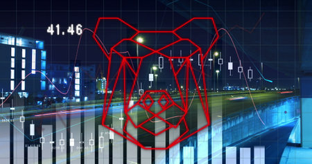 Image of graphs and bear head over night cityscape. Global network, connections, communication, data processing, finance and technology concept digitally generated image.の写真素材