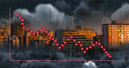Image of graphs over cityscape. Global network, connections, communication, data processing, finance and technology concept digitally generated image.の写真素材