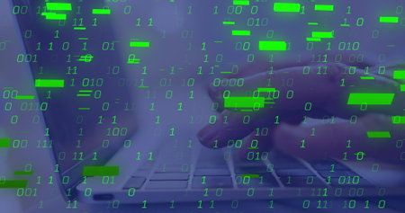 Image of data processing over hands using laptop in office. Global business and digital interface concept digitally generated image.の写真素材
