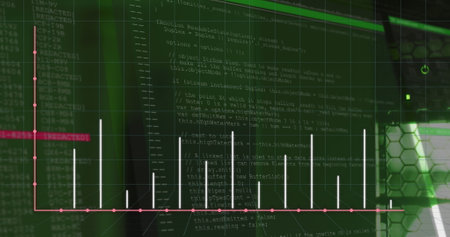 Image of graphs and data processing over servers. Global network, connections, communication, data processing, finance and technology concept digitally generated image.の写真素材