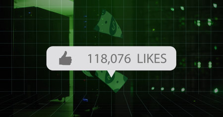 Image of social media likes over servers. Social media, network, finance, connections and technology concept digitally generated image.の写真素材