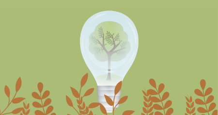 Image of tree in bulb on green background. environment, sustainability, ecology, renewable energy,...