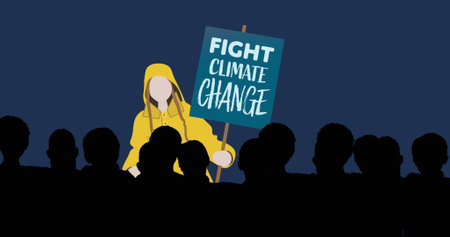 Image of woman and people protesting with banner against climate change. environment,...
