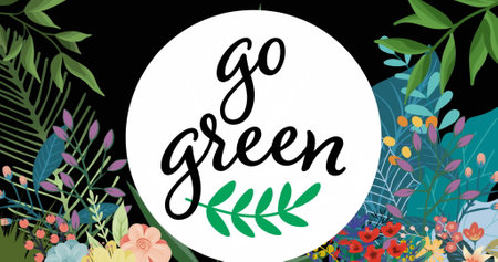Image of go natural in circle over plants on black background. environment, sustainability, ecology, renewable energy, global warming and climate change awareness.の写真素材