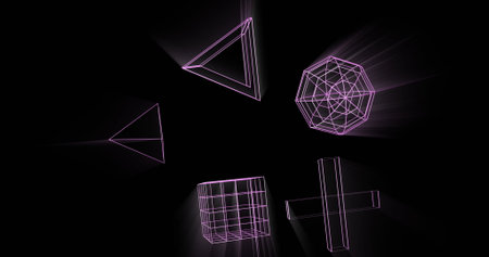 Image of glowing 3d shapes moving on black background. Global virtual reality, data processing, computing and digital interface concept digitally generated image.の写真素材