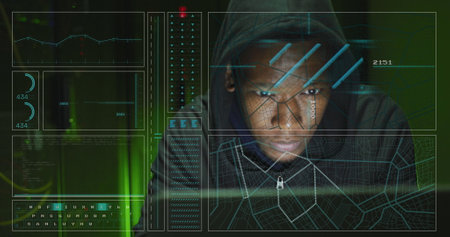 Image of data processing over african american male hacker with computer and computer servers. Global online virus, computing and data processing concept digitally generated image.の写真素材