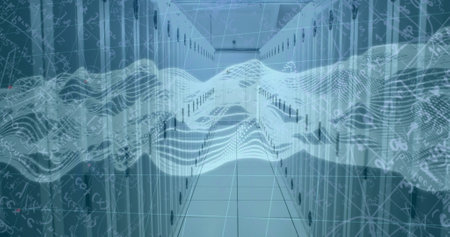 Image of waves moving over servers. Network, finance, connections and technology concept digitally...