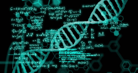 Image of dna strand and scientific data processing over black background. Global science, computing and data processing concept digitally generated image.の写真素材