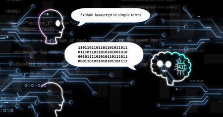 Image of ai text, icons and data processing over circuit board. Global artificial intelligence, data...