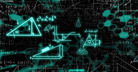 Image of mathematical formulae and scientific data processing over black background. Global science,...