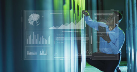 Image of data processing over african american male it engineer and computer servers. Global...