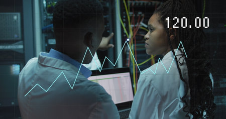 Image of data processing over diverse it engineers and computer servers. Global computing and data...