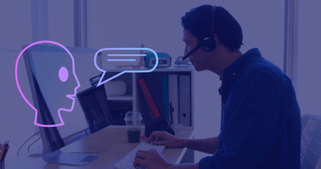 Image of ai text, icons and data processing over asian man using computer. Global artificial...