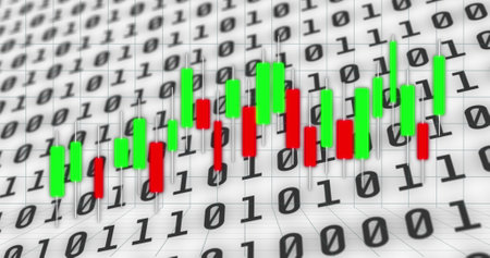 Image of graphs and binary code on white background. Network, finance, connections and technology...