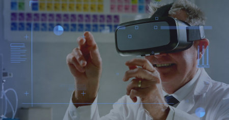 Digital interface with data processing against caucasian male senior doctor wearing vr headset....