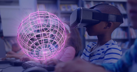 Image of glowing 3d shapes over african american boy using vr headset. Global virtual reality, computing, digital interface and data processing concept digitally generated image.の写真素材