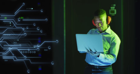 Image of data processing over african american male it engineer and computer servers. Global...