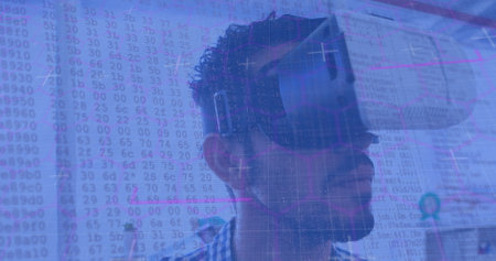Neon scope scanner and binary coding data processing against man wearing vr headset. computer...