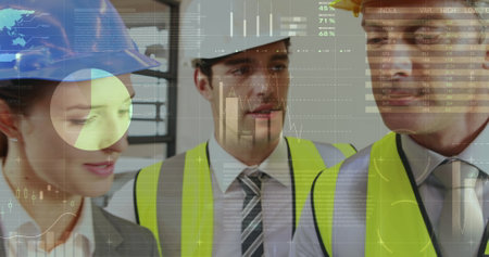 Digital composite of three architects reviewing building plans with graphs and statistic in the...