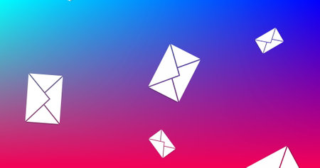 Digital image of message icons falling with a gradient blue and violet background 4kの写真素材