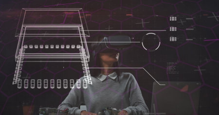 Image of purple processor with hexagons over woman wearing vr headset and looking around. global...