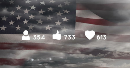 Image of social media icons with numbers over clouds with flag of usa. global social media and...