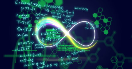 Image of mathematical formulae and scientific data processing over black background. Global science,...
