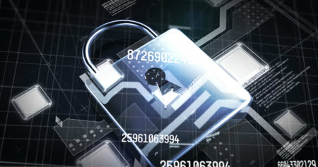 Image of numbers changing with online security padlock over data processing on grid. global networking technology concept digitally generated image.の写真素材