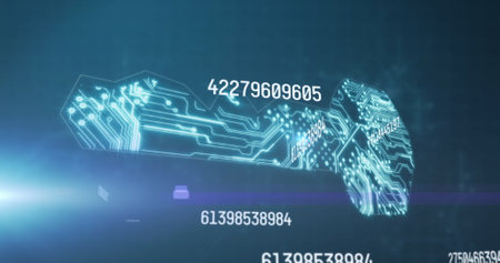 Image of numbers processing over glowing computer circuit board on blue background. global...