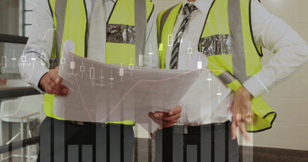 Two male architects discuss plans with graphs.