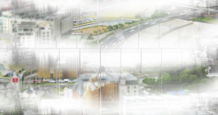 Digital composite of skyscrapers and highways with fast cars.の写真素材