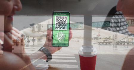 Image of woman holding smartphone with covid 19 vaccination passport over airport. global covid 19 pandemic and vaccination concept digitally generated image.の写真素材