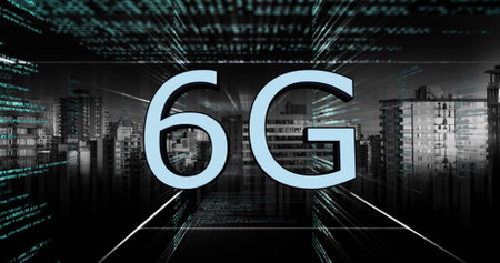 Image of 6g text and data processing. Global networks, computing, digital interface and data processing concept digitally generated image.の写真素材