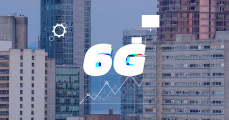 Image of 6g text, cityscape and data processing. Global networks, computing, digital interface and data processing concept digitally generated image.の写真素材