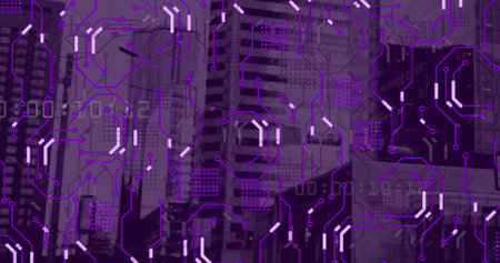 Image of data processing, cityscape and connections. Global networks, computing, digital interface...