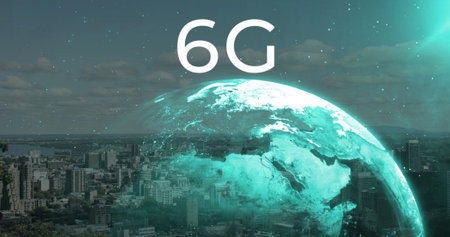 Image of 6g text, cityscape, globe and connections. Global networks, computing, digital interface and data processing concept digitally generated image.の写真素材