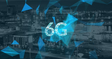 Image of 6g text and data processing. Global networks, computing, digital interface and data...