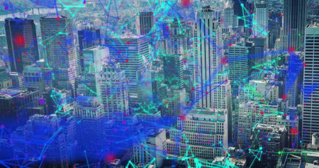 Image of cityscape and connections. Global networks, computing, digital interface and data...
