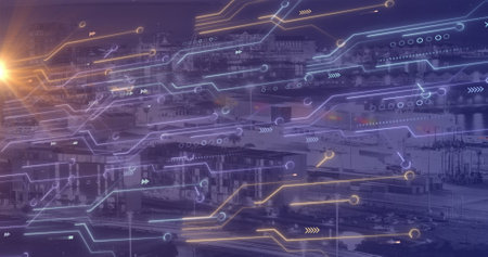 Image of data processing, cityscape and connections. Global networks, computing, digital interface...