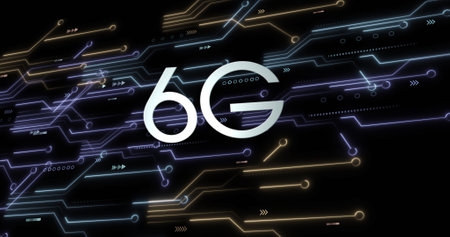 Image of 6g text and data processing. Global networks, computing, digital interface and data...
