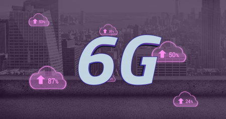 Image of 6g text, clouds with percent and cityscape. Global networks, computing, digital interface...