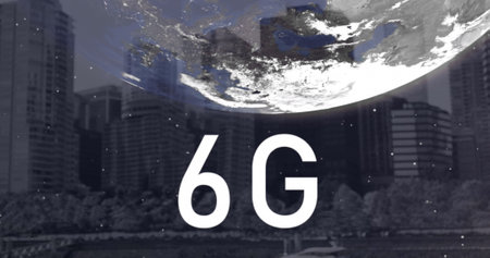 Image of 6g text, globe and computer data processing. Global networks, computing, digital interface...