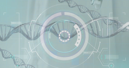 Image of dna strands and scope scanning over hand with stethoscope. Global medicine and digital...