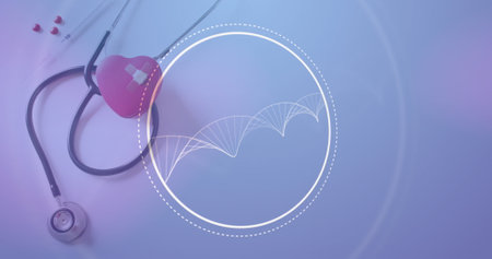 Image of circle and dna strand over stethoscope with heart. Global medicine and digital interface...