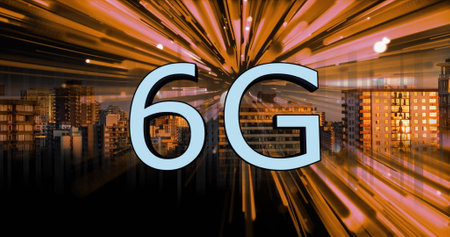 Image of 6g text, cityscape and computer data processing. Global networks, computing, digital interface and data processing concept digitally generated image.の写真素材