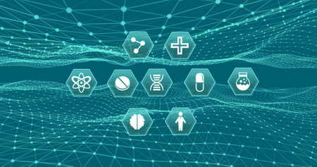Image of digital interface with medical icons and network of connections over blue background....