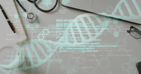 Image of dna strand and data processing over doctor office with laptop and stethoscope. Global...