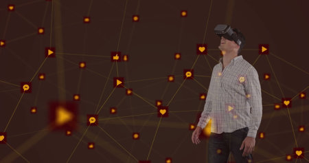 Image of digital interface with icons and network of connections with man wearing VR headset. Global...