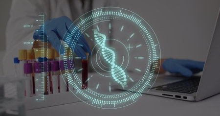 Image of data processing and dna strand over biracial female doctor with test tubes. Global medicine...