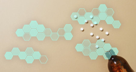 Image of chemical structures over pills. Global medicine and digital interface concept digitally...